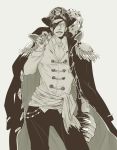  1boy 69bones black_hair cigar epaulettes eyepatch hat hook_hand jewelry long_coat long_hair monochrome one_piece pirate_hat ring scar sir_crocodile smoking 