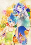  2girls absurdres artist_request blue blue_eyes blue_hair character_name disney glasses highres inside_out joy_(inside_out) multiple_girls open_mouth personification pixar sadness_(inside_out) short_hair smile wink 