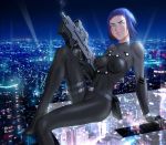  1girl blue_eyes blue_hair bodysuit city cyborg ghost_in_the_shell ghost_in_the_shell_arise gun impossible_clothes kusanagi_motoko looking_at_viewer short_hair sitting solo tatsumaru thigh_strap weapon 