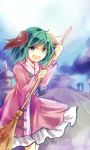  1girl animal_ears bamboo_broom broom dress green_eyes green_hair kasodani_kyouko kutsuki_kai looking_at_viewer open_mouth pink_dress smile solo touhou 