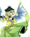  1girl armband character_name color_switch dress earrings eyelashes feathered_wings fingernails gradient_dress green_dress green_eyes green_hair hair_over_one_eye hands_up hat highres hiyashi_mikan jewelry komeiji_koishi long_sleeves mystia_lorelei open_mouth pointy_ears sharp_fingernails short_hair signature small_breasts solo teeth tongue touhou white_background wings yellow_dress 