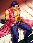  abs assate bare_chest bed coat devo ebony_devil from_above gloves jojo_no_kimyou_na_bouken long_hair looking_at_viewer puppet purple_hair scar stand_(jojo) 