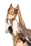  1girl animal_ears ass blush brown_hair collar duoyuanjun granblue_fantasy hair_ornament hand_on_own_face highres leaning_forward leotard long_hair looking_at_viewer metella_(granblue_fantasy) mole sidelocks smile solo twintails violet_eyes white_background 