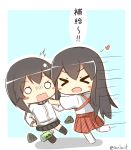  &gt;o&lt; 2girls akagi_(kantai_collection) bottle hayasui_(kantai_collection) heart japanese kantai_collection long_hair multiple_girls open_mouth rexlent short_hair skirt translation_request white_legwear 