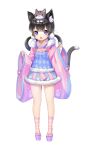  1girl animal_ears black_hair cat cat_ears dress fang highres japanese_clothes long_hair open_mouth original sandals simple_background socks solo stellarism striped striped_legwear tail twintails violet_eyes white_background 