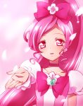  1girl blush bow brooch cure_blossom flower hair_bow hair_flower hair_ornament hanasaki_tsubomi heartcatch_precure! jewelry kagami_chihiro long_hair looking_at_viewer magical_girl outstretched_hand parted_lips petals pink pink_background pink_bow pink_choker pink_eyes pink_hair ponytail precure puffy_sleeves solo upper_body 
