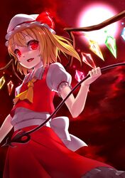  1girl ascot blonde_hair crystal fang flandre_scarlet full_moon glowing glowing_eyes hat hat_ribbon highres laevatein looking_at_viewer megalateo mob_cap moon night night_sky open_mouth puffy_sleeves red_eyes ribbon shirt short_hair short_sleeves side_ponytail skirt skirt_set sky slit_pupils smile solo touhou vest wings 