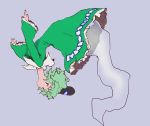  1girl black_eyes dress ghost_tail green_dress green_hair hat lavender_background looking_at_viewer motsuni_(artist) outstretched_arms short_hair simple_background soga_no_tojiko solo tate_eboshi touhou upside-down wide_sleeves 