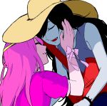  2girls adventure_time axe black_hair closed_eyes fangs grey_skin guitar hand_on_another&#039;s_face hat incipient_kiss instrument marceline_abadeer multiple_girls open_mouth pink_hair pink_skin princess_bonnibel_bubblegum ribbon sato_yoshi_shizue shade smile weapon yuri 