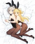  2girls anastasia_(idolmaster) animal_ears ass bare_shoulders bed_sheet black_legwear blonde_hair blue_eyes bowtie breasts bunny_tail bunnysuit cleavage detached_collar fake_animal_ears green_eyes hair_ornament high_heels idolmaster idolmaster_cinderella_girls jougasaki_rika leotard long_hair looking_at_viewer lying multiple_girls on_side ooyari_ashito open_mouth pantyhose pillow rabbit_ears short_hair side-tie_leotard smile tail twintails two_side_up wrist_cuffs 