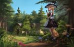  1girl apron black_dress blonde_hair blue_sky bow braid broom dappled_sunlight dress forest forest_of_magic fungus grass hair_bow hat hat_bow holding_broom house kirisame_marisa long_hair looking_afar looking_back mary_janes moss mushroom nature overgrown path road sebastian_(artist) shoes short_sleeves signature single_braid sky sleeveless sleeveless_dress smile solo standing touhou white_legwear witch_hair yellow_background 