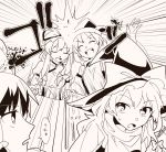  4girls bow chahora_(siki_dos) closed_eyes collision frilled_bow frilled_hair_tubes frills hair_bow hakurei_reimu hat highres kirisame_marisa long_hair matara_okina monochrome multiple_girls open_mouth smile tabard touhou witch_hat yakumo_yukari 