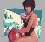  1girl ball beach beachball black_hair blue_eyes city diving_mask ghost_in_the_shell katsuoboshi kusanagi_motoko looking_at_viewer one-piece_swimsuit scuba_gear short_hair solo_focus splashing swimsuit umbrella 