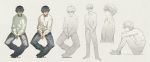  1boy black_hair character_sheet denim eyepatch highres honya_lala jeans long_image male_focus nude original pants partially_colored sitting sweater wide_image 