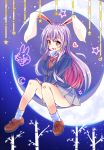  1girl animal_ears bamboo blazer blouse blush breasts crescent_moon extra_ears heart hidamari_(artist) long_hair looking_at_viewer moon necktie open_mouth pleated_skirt purple_hair rabbit_ears red_eyes reisen_udongein_inaba sitting skirt solo star touhou v_arms 