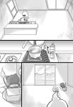  box cardboard_box cat comic from_behind ghost in_box in_container indoors jibanyan monochrome multiple_tails negative_space no_humans notched_ear shiranami_(kominato) tail translation_request two_tails whisper_(youkai_watch) youkai youkai_watch 