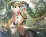  1girl air_bubble aqua_eyes bangle bangs bracelet breasts bubble cowboy_shot daible fish floating_hair green_hair hair_tubes hatsune_miku highres holding_microphone jewelry long_hair looking_at_viewer mermaid microphone monster_girl navel necklace ocean parted_lips pendant scales seashell seashell_bra shell shell_to_ear shinkai_shoujo_(vocaloid) solo sparkle tuna twintails underwater vocaloid 