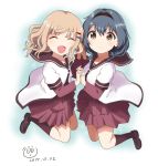  2girls 7001 :d ^_^ black_legwear blonde_hair blue_hair braid brown_eyes closed_eyes collarbone dated fang furutani_himawari hair_intakes hair_ornament hairband hairclip holding_hands interlocked_fingers looking_at_viewer multiple_girls oomuro_sakurako open_mouth school_uniform serafuku shoes smile twin_braids yuru_yuri 