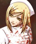  1girl blonde_hair blood blood_on_face bloody_clothes bloody_hair hat higurashi_no_naku_koro_ni kusunoki_shii long_hair lowres nurse nurse_cap solo takano_miyo yellow_eyes 