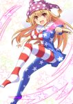  1girl american_flag_legwear american_flag_shirt blonde_hair clownpiece cross_(crossryou) fairy_wings hat jester_cap long_hair open_mouth pantyhose red_eyes revision smile solo star torch touhou very_long_hair wings 