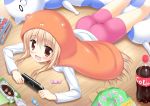  1girl blonde_hair blush bottle brown_eyes candy chips doma_umaru food hamster_costume handheld_game_console himouto!_umaru-chan hinata_keiichi hood long_hair looking_at_viewer lying on_stomach open_mouth playing_games playstation_portable shorts smile soda solo stuffed_animal 