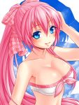  1girl bikini blue_eyes bow breasts cleavage hair_bow kotobuki0101 large_breasts long_hair looking_at_viewer megurine_luka pink_hair ponytail project_diva_(series) smile solo swimsuit vocaloid 