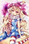  1girl american_flag_legwear american_flag_shirt blonde_hair clownpiece fairy_wings hat jester_cap long_hair pantyhose red_eyes revision sitting solo torch touhou ukita_uuko very_long_hair wariza wings 