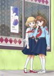  2girls belt blonde_hair blue_shirt blue_skirt brown_hair commentary_request communism curtains czech highres multiple_girls necktie patches pioneer poster red_necktie shirt skirt slovakia socks star uniform window yakazari_chinon 