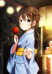  1girl blue_eyes candy_apple hair_flaps hair_ornament highres japanese_clothes kantai_collection kimono mashiro_aa ribbon shigure_(kantai_collection) smile yukata 