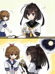  2girls 2koma :d akizuki_(kantai_collection) annin_musou bandaid bandaid_on_face black_hair brown_hair closed_mouth comic commentary_request crab crab_on_head flying_sweatdrops gloves kantai_collection multiple_girls musical_note oboro_(kantai_collection) open_mouth pleated_skirt school_uniform serafuku short_hair short_sleeves skirt smile translated 