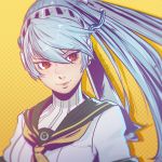  1girl android clockwork-cadaver labrys long_hair persona persona_4 persona_4:_the_ultimate_in_mayonaka_arena ponytail red_eyes school_uniform smile solo 