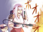  1boy 1girl commentary covering_eyes covering_face fire flamethrower gesugao ishii_hisao kantai_collection laughing out_of_character shota_admiral_(kantai_collection) shoukaku_(kantai_collection) shoulder_spikes spikes weapon 