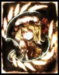  1girl ascot blonde_hair border crystal flandre_scarlet haiki_(hakkyoii06) hat hat_ribbon looking_to_the_side mob_cap parted_lips puffy_sleeves red_eyes ribbon shirt short_hair short_sleeves side_ponytail solo touhou upper_body vest wings 