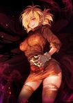  1girl blonde_hair breasts caesty gloves grin hair_over_one_eye hellsing large_breasts miniskirt nose red_eyes seras_victoria short_hair skirt sleeves_rolled_up smile smoke solo thigh-highs torn_clothes torn_thighhighs uniform vampire white_gloves zettai_ryouiki 