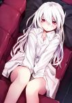  1girl couch haegiwa long_hair looking_at_viewer lying on_back original pillow red_eyes solo white_hair 