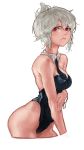  1girl :i absurdres alternate_costume arm_grab bare_legs breasts bugs_(artist) cleavage folded_ponytail from_side highres league_of_legends leotard looking_at_viewer necktie red_eyes riven_(league_of_legends) silver_hair solo 