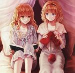  2girls alice_margatroid bed blonde_hair blue_eyes blush book braid fukahire_sanba hairband kirisame_marisa knitting long_hair multiple_girls open_book open_mouth pajamas pillow short_hair side_braid smile source_request touhou yellow_eyes 