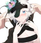  1girl akuan_(7jackpot7) blue_eyes blush breasts cape eyepatch flamie_speeddraw flower hair_flower hair_ornament hairband looking_at_viewer rokka_no_yuusha short_hair simple_background sweat white_background white_hair 