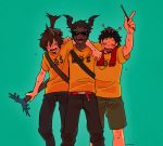  3boys antennae arm_around_shoulder arms_around_neck artist_name black_hair brown_hair drumsticks fangs guitar instrument kabutomoaki kuwagatatsuya male_focus matching_outfit mo(zu)co multiple_boys shorts show_by_rock!! smile striped striped_background sunglasses sweat t-shirt tentomutsumi 