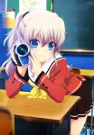  1girl absurdres blue_eyes camcorder charlotte_(anime) classroom highres nyantype official_art school_uniform serafuku silver_hair smile solo tomori_nao 