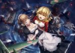  2girls bangs blonde_hair blood breasts brown_hair carrying character_request choker cleavage closed_eyes copyright_request crying death gloves injury kneeling long_hair lying maid_headdress multiple_girls on_back open_mouth ripples sidelocks tears torn_clothes water xiaoyin_li 