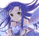  1girl bangs bare_shoulders blood blue_hair blue_ribbon bow brown_eyes chobi_(penguin_paradise) closed_mouth detached_sleeves feathered_wings flat_chest floating_hair frills hair_ornament heart hexagon idolmaster kisaragi_chihaya long_hair looking_at_viewer ribbon scratches solo white_flower white_wings wings 