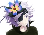  1girl blue_eyes cape eyepatch flamie_speeddraw flower hair_flower hair_ornament portrait rokka_no_yuusha short_hair simple_background solo ultimachaos05 white_background white_hair 