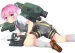  1girl all_fours bike_shorts blue_eyes blush cannon gloves highres kantai_collection looking_at_viewer nebu_soku pink_hair ponytail school_uniform shiranui_(kantai_collection) short_hair solo 