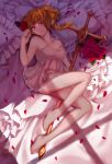  1girl aneater barefoot blonde_hair chemise cross flandre_scarlet flower full_body looking_at_viewer lying no_hat no_wings off_shoulder on_back on_bed petals pillow red_eyes red_rose rose short_hair side_ponytail sleeveless smile solo touhou 