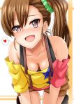  1girl bare_shoulders blush breasts brown_eyes brown_hair cleavage collarbone commentary_request downblouse futami_mami heart idolmaster inu_(marukome) long_hair looking_at_viewer off_shoulder open_mouth revision scrunchie shirt shorts side_ponytail smile solo spoken_heart 