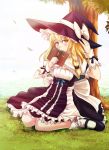  1girl blonde_hair blush book braid butterfly frills hat highres iyokamioto kirisame_marisa looking_at_viewer mary_janes shoes sitting solo touhou tree wariza witch witch_hat yellow_eyes 