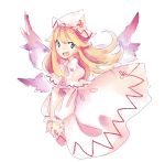  1girl :d blonde_hair blue_eyes dress hat lily_white long_hair long_sleeves open_mouth puffy_sleeves sil_(panchuari) smile solo touhou v_arms wings 