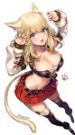  1girl :d animal_ears blonde_hair blue_eyes blush boots breasts cat_ears cat_tail cleavage detached_sleeves earrings final_fantasy final_fantasy_xiv flower flower_earrings jewelry kinm large_breasts long_hair looking_at_viewer miniskirt miqo&#039;te navel open_mouth paw_pose paw_print simple_background skirt smile solo strapless tail thighhighs tubetop white_background white_legwear zettai_ryouiki 