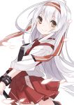  1girl bow_(weapon) brown_eyes headband japanese_clothes kantai_collection long_hair muneate orqz remodel_(kantai_collection) shoukaku_(kantai_collection) silver_hair smile weapon 